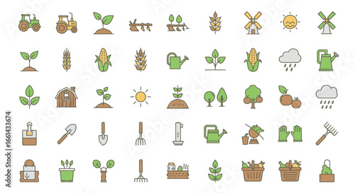 A collection of colorful, illustrated icons depicting various elements of agriculture and farming.