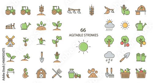 A collection of colorful, outlined icons depicting various farming elements and agricultural tools, arranged in a grid.