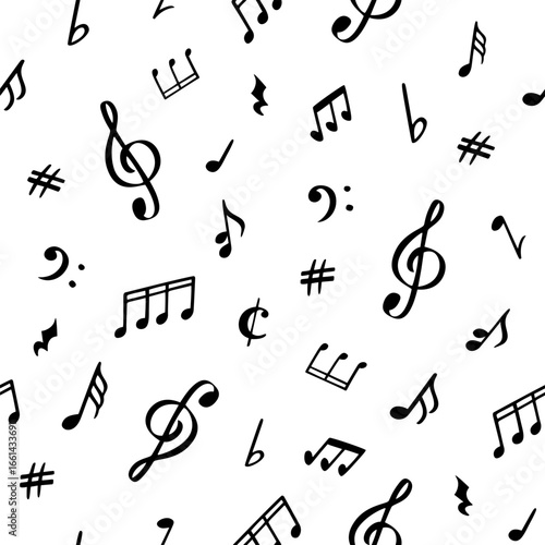 Music notes seamless pattern with scattered music symbols, notes, clefs and sharps, flats. Rhythmic, dynamic composition for print, wrapping, wallpaper, educational design. Vector texture