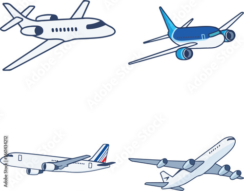 Vector illustration set of cartoon-style airplanes including a private jet, commercial jets, and passenger airliners. Perfect for aviation, travel, and transportation themes.