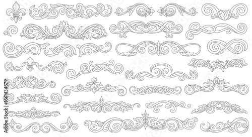Elegant flourish ornaments and decorative borders create a sophisticated vintage feel for your designs