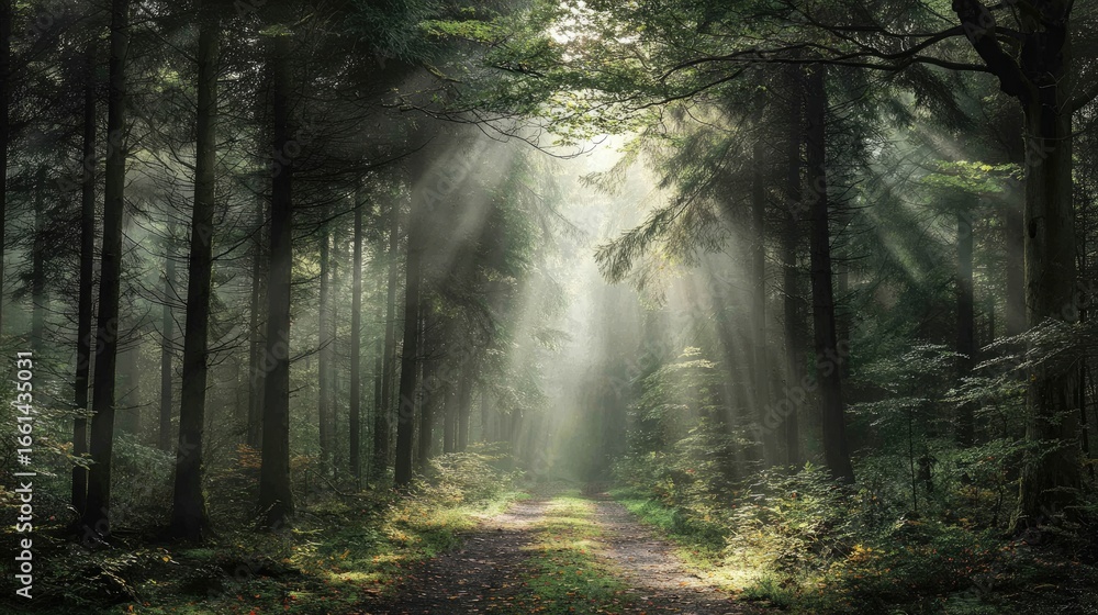 Fototapeta premium Sunlight streams through a misty forest path