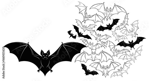 A group of bats illustrated in both solid black and outline forms, with one large bat prominently displayed on the left.