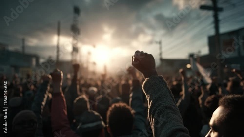 Unity in Action: A vast, tightly-packed crowd of people, their fists raised high, stand against a dynamic backdrop of city and sky, emphasizing collective will and determination. 