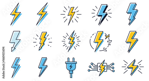 Collection of various lightning bolt and electrical plug icons in a flat design style.