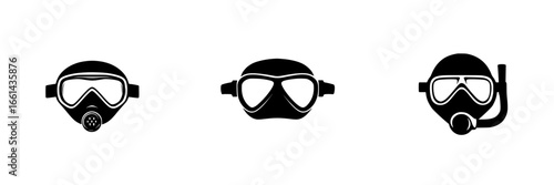 Diverse scuba diving masks arranged in a row showcasing various designs and features for underwater exploration