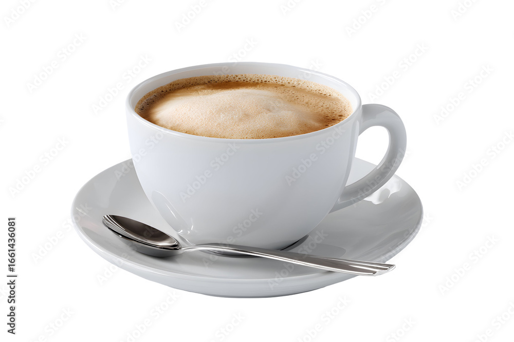 Fototapeta premium Aromatic coffee cup with rich crema, resting on a pristine white saucer