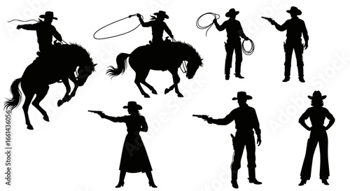 Silhouetted cowboys and cowgirls engaging in various actions, including riding, roping, and posing.