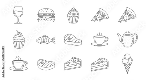 A collection of various food and drink icons, outlined in black and white, for design.