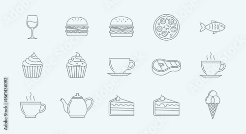 Illustrative outline of various food and beverage items, arranged in a grid formation.