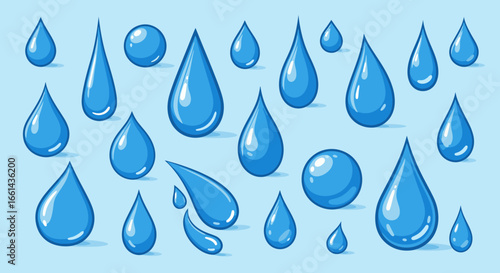 Collection of cartoon-style blue water droplets, various shapes and sizes.