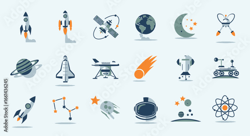 Space exploration icons: rockets, planets, satellites, and celestial bodies.