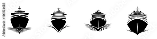 Different views of a cruise ship navigating through calm waters under bright daylight conditions