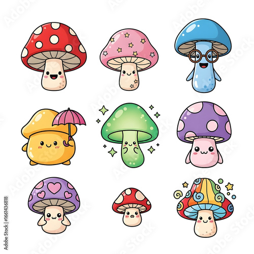 Collection of cute kawaii mushroom characters. Whimsical fungi friends cartoon vector set.