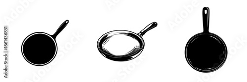 Different types of frying pans on a white background showcasing kitchen cookware essentials