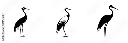 Stylized black and white illustrations of three unique cranes in various poses and styles