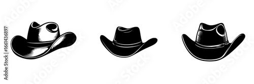Various styles of cowboy hats displayed in black and white designs for western-themed decor and fashion inspirations