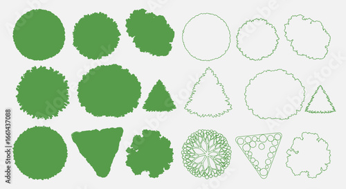 Diverse collection of green and outline tree top view icons for architectural design and landscaping