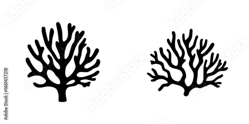Coral structures illustrated in black silhouette showing intricate branches and unique shapes for marine design concepts