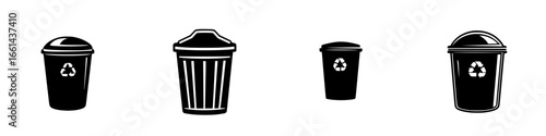 Different types of waste bins displayed in a clean urban setting during daylight hours