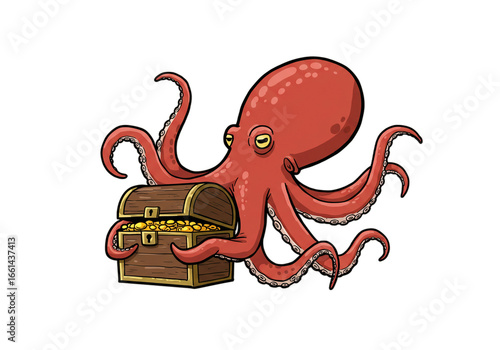 Cartoon Octopus Guarding Treasure Chest Illustration png, isolated on transparent background