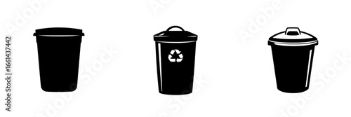 Different types of trash bins used for waste disposal and recycling in domestic settings or public areas