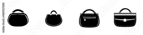Various styles of handbags displayed in a stylish graphic design showcasing modern fashion accessories