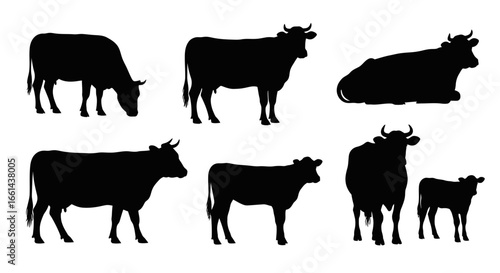 Collection of black cow silhouettes in various poses, including standing, grazing, and lying down.