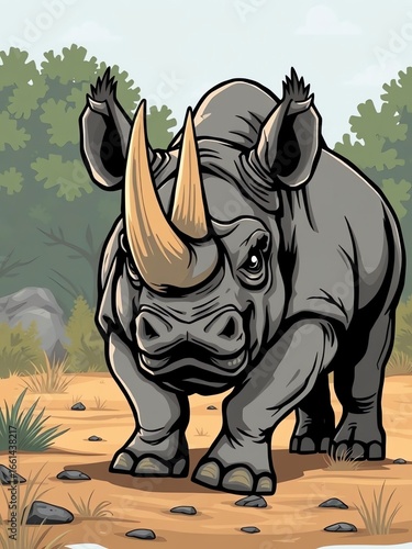 an image of a rhino standing in the dirt with trees in the background, there is a rhino standing in the dirt with a big horn