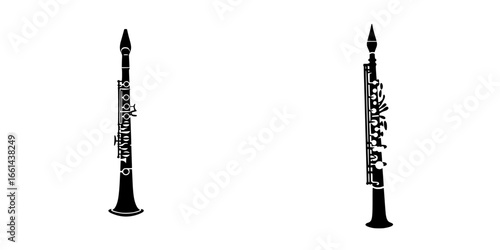 Clarinet and oboe silhouettes displayed against a plain background showcasing musical instruments
