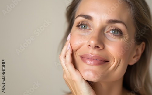 One mature woman glowing skin beauty anti-aging skincare wellness graceful self-care rejuvenation facial treatment hydration LED therapy chemical peel microneedling elegance plain background natural