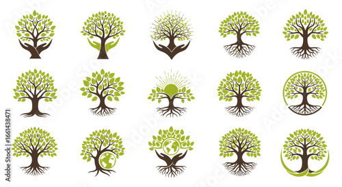 Eco-friendly tree logos representing nature, growth, sustainability, and environmental protection