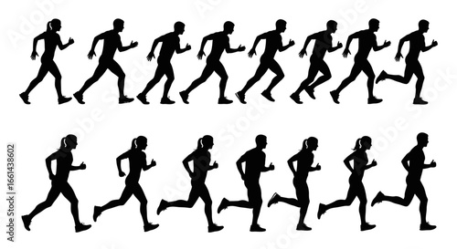 Dynamic silhouettes of runners in motion, perfect for sports, fitness, and active lifestyle designs
