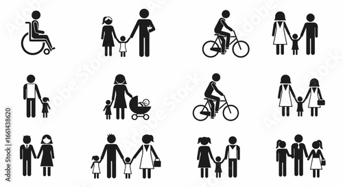 Iconic families and individuals representing diversity, inclusion, and everyday life situations.