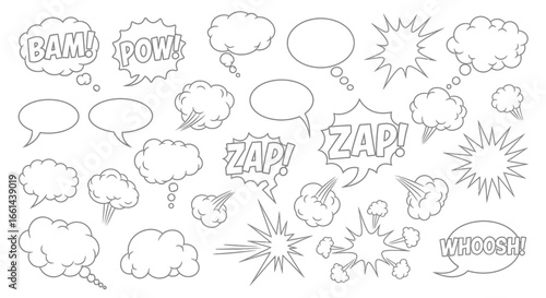 Dynamic comic book speech bubbles and sound effects for impactful creative projects and designs