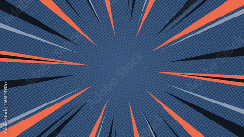 Energetic dark blue pop art background with halftone dots and striking orange speed rays, perfect for comic book covers, posters, banners, gaming themes and creative projects.