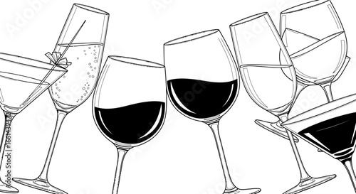 An illustration of various stemmed glasses filled with different alcoholic beverages, including wine and cocktails, in a dynamic composition.