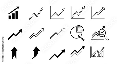 Collection of upward trending graph icons illustrating growth, progress, and success.