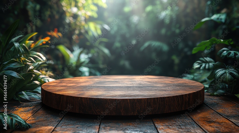 Fototapeta premium Wooden Round Display Amid Lush Tropical Foliage