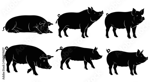 Collection of detailed black pig silhouettes in various poses for agricultural or farm-themed designs