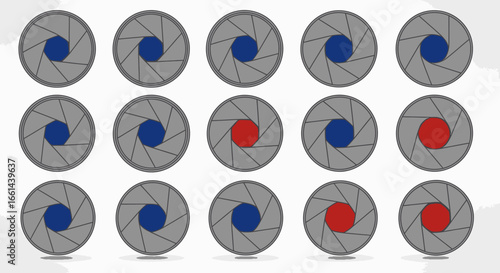 Dynamic camera aperture elements with vibrant blue and red centers create visual interest for photography concepts