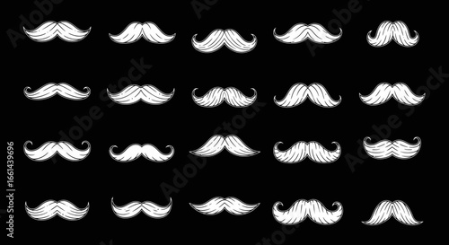 Whimsical collection of white mustaches on a black background, perfect for playful designs.