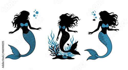 Enchanting mermaids with flowing hair and shimmering tails explore vibrant underwater worlds with marine life.