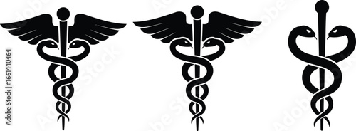 Pharmaceutical icon set. Medical cross, rod and snake symbol. Pharmacy icons,  Rod of Asclepius and pharmacy symbol Bowl of Hygieia. Medical symbol icons set. Star of Life with cross, caduceus,