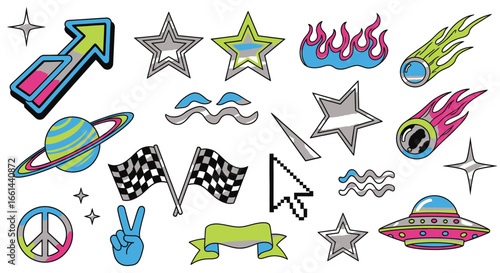 Vibrant retro pop art icons celebrate victory, space, peace, and progress with dynamic flair
