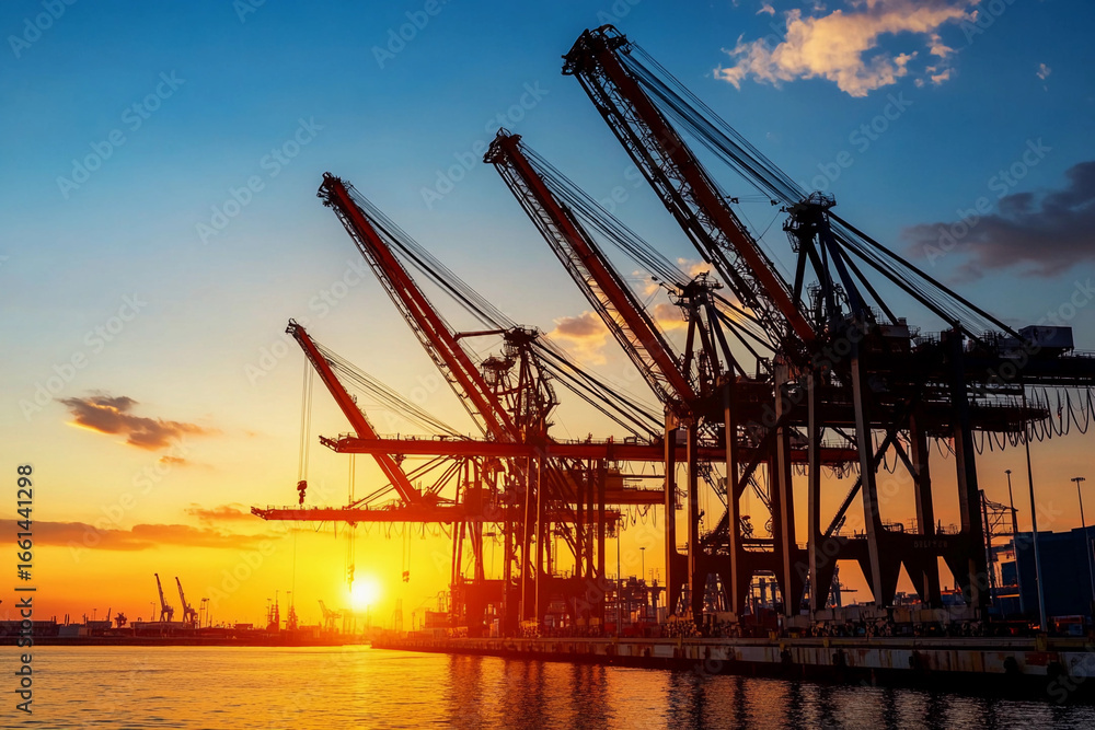 Fototapeta premium Monumental cranes work at sunset in busy port Generative AI
