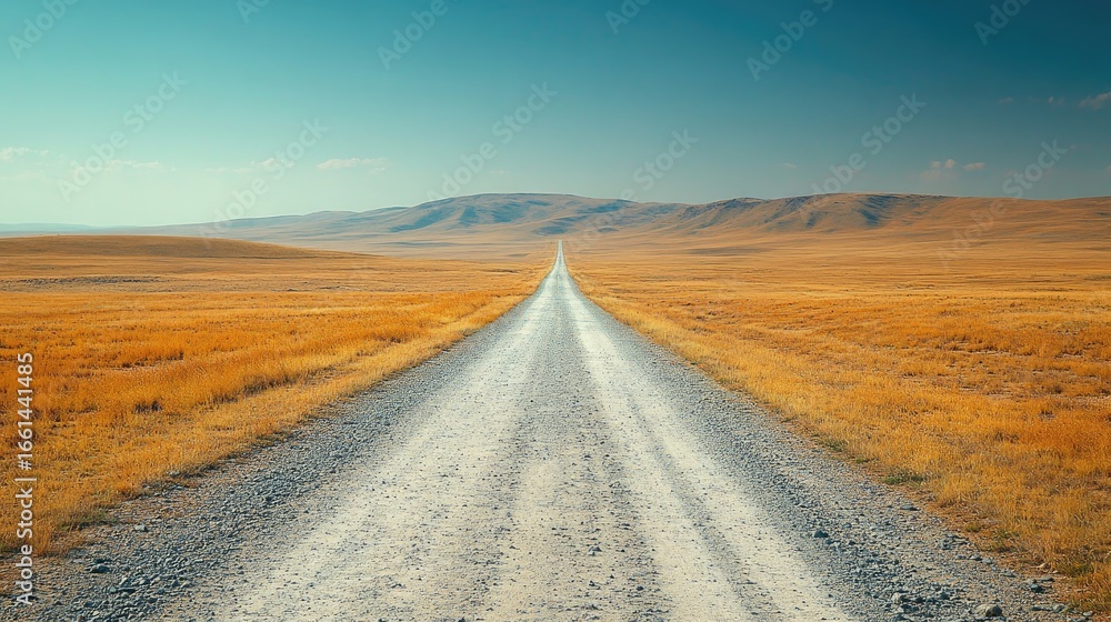 Fototapeta premium Gravel Road Leading To Distant Mountains Under Blue Sky