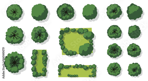 Diverse top-down green trees and landscaped garden elements for architectural visualization and design projects
