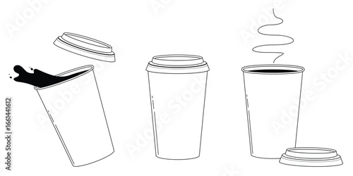 Paper cups set. Collection of a paper glasses with a lids. Splashing coffee to go. Doodle vector illustration isolated on white background