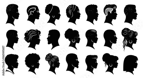 Diverse silhouetted profiles showcasing stylish hairstyles and ethnic diversity for modern design
